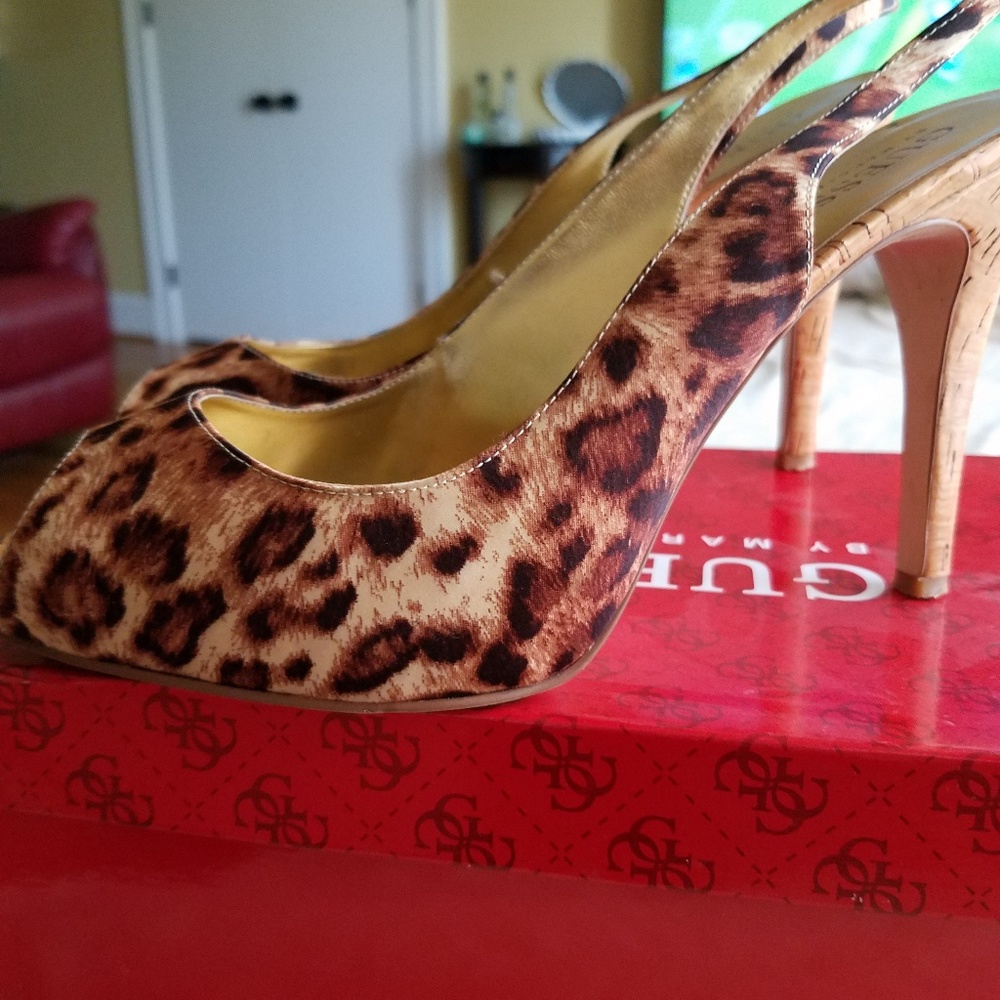 Guess Leopord Print Cork Heels